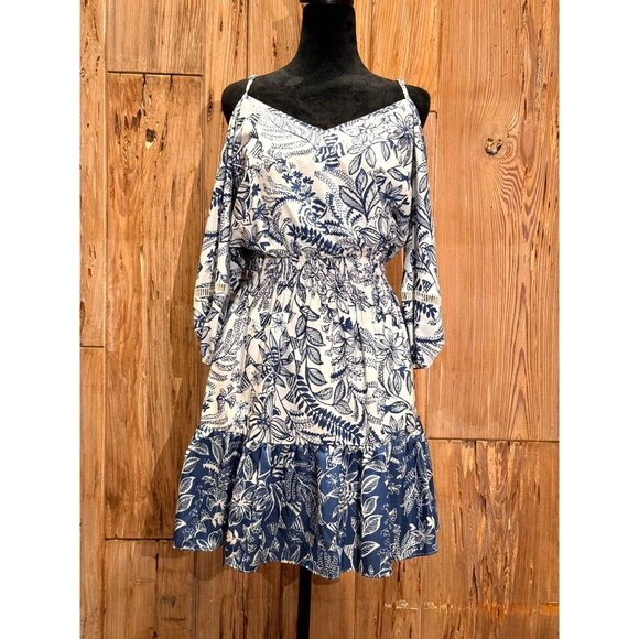 Eliza J Womens Cold Shoulder Floral Bohemian Dress Size 6 Blue & White Polyester - Picture 1 of 6